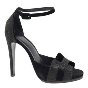 Hermes Black Highlight Poudre De Cristal Velour Heel Sandal Size 37.5